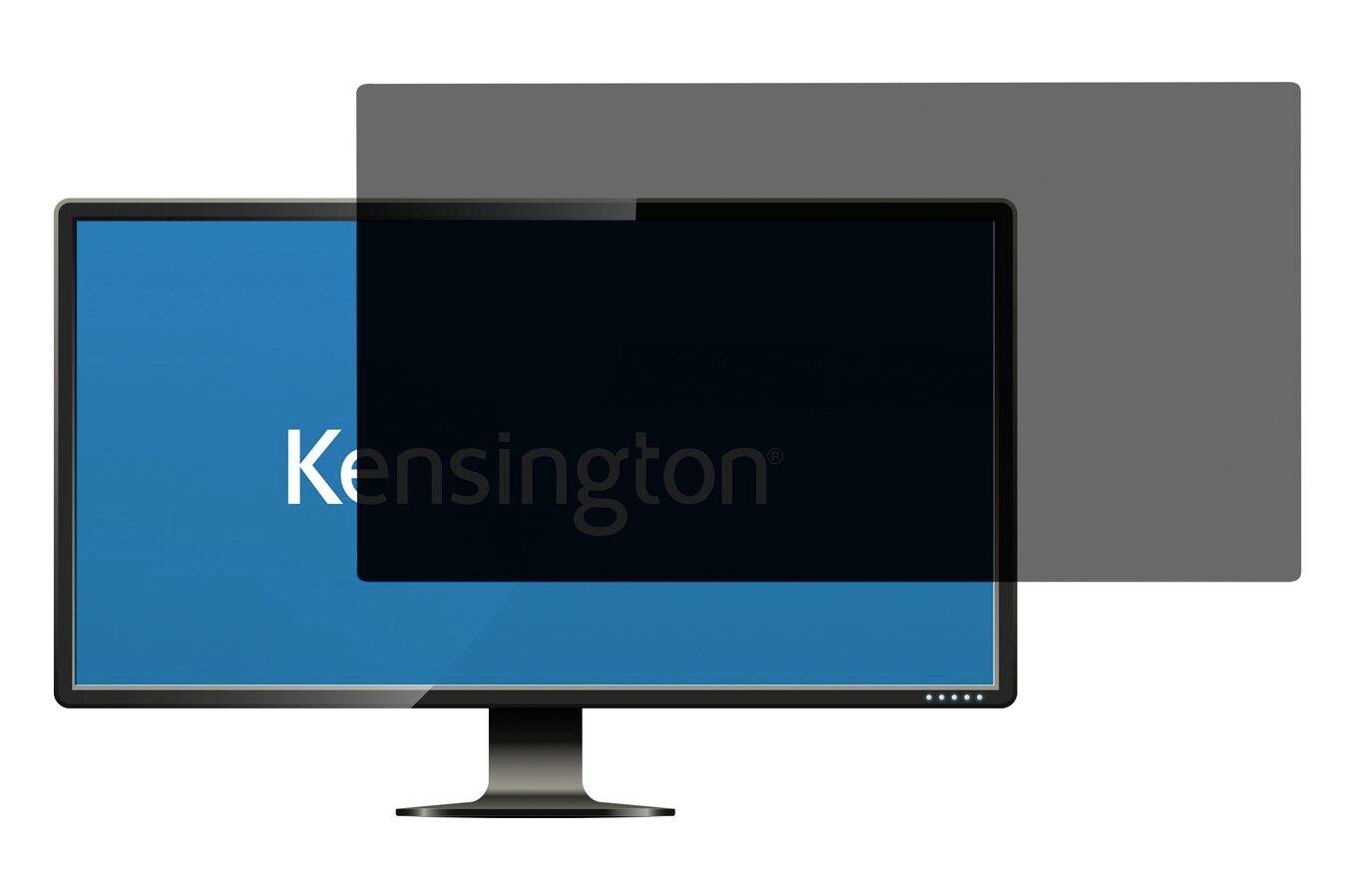 Computer monitor with a display protector that reduces reflections and ensures privacy. Screen shows the word 'Kensington'.