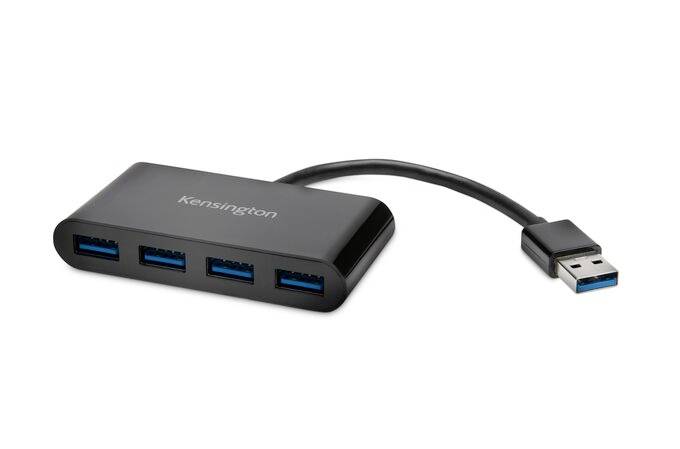 Black USB hub with four blue USB 3.0 ports and a short cable with a USB plug.