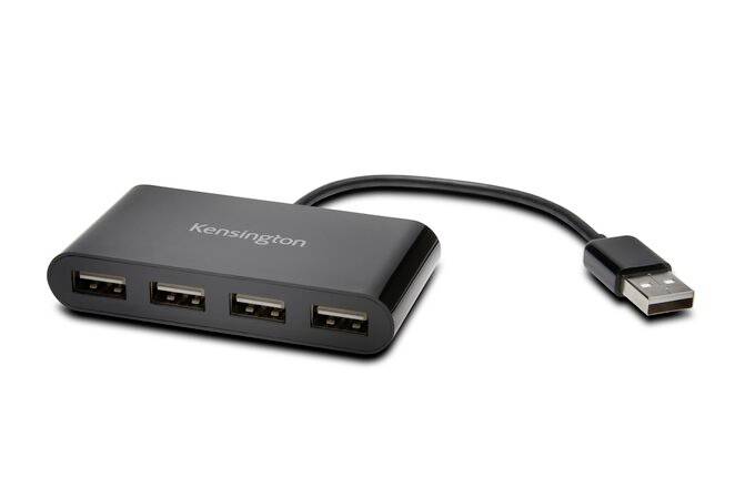 A USB hub with four ports and a short cable. The brand name is printed on it. Ideal for connecting multiple devices simultaneously.