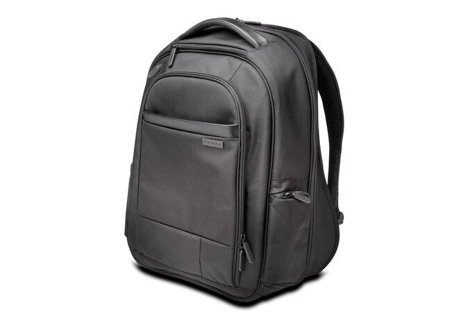 A black rucksack with multiple zip compartments; ergonomically shaped and perfect for daily use or travelling.