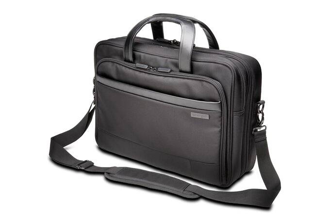 Black briefcase with handles and removable shoulder strap. Multiple zips and pockets for organisation. Ideal for professional use.