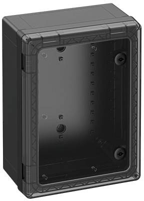 Grey-translucent, rectangular plastic enclosure with four mounting holes. Suitable for protecting electronic components.