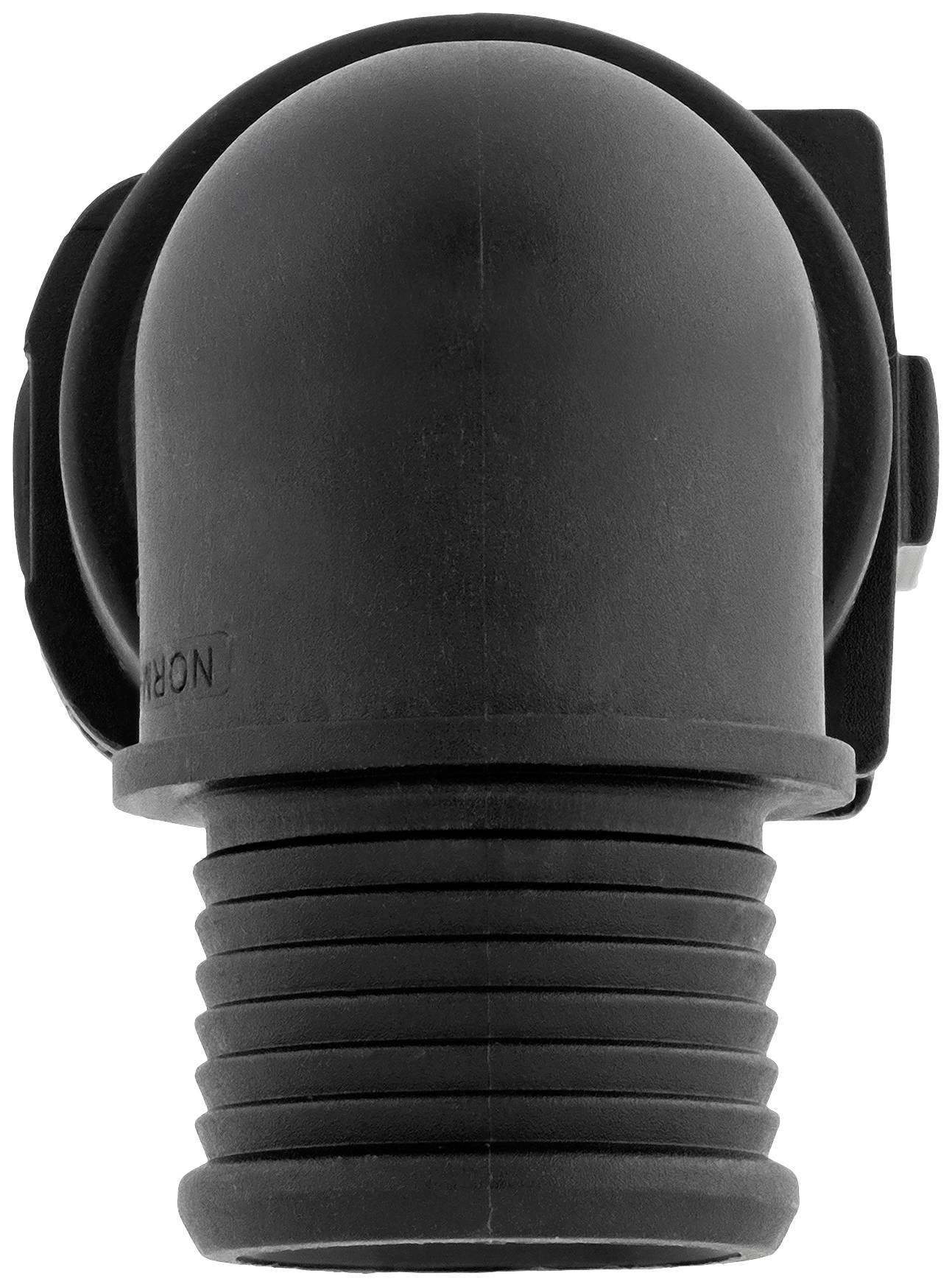 A black, angled plastic hose connector with a ribbed end, suitable for industrial applications.