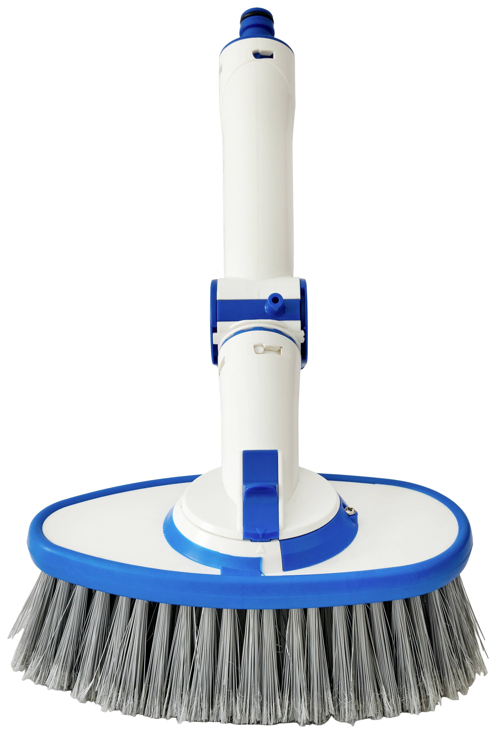A round pool cleaner with blue and white details and bristles on the underside for cleaning pool surfaces.