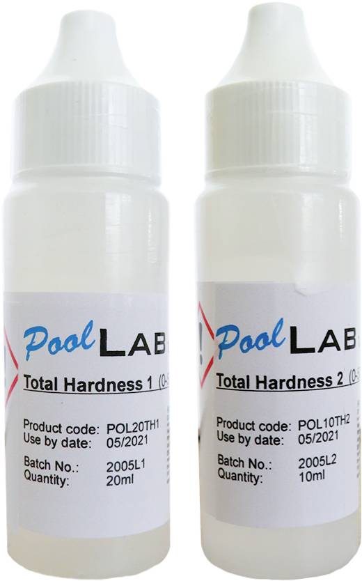 Two plastic bottles with labels for 'Total Hardness 1' and 'Total Hardness 2', product codes, expiry date, and quantity.