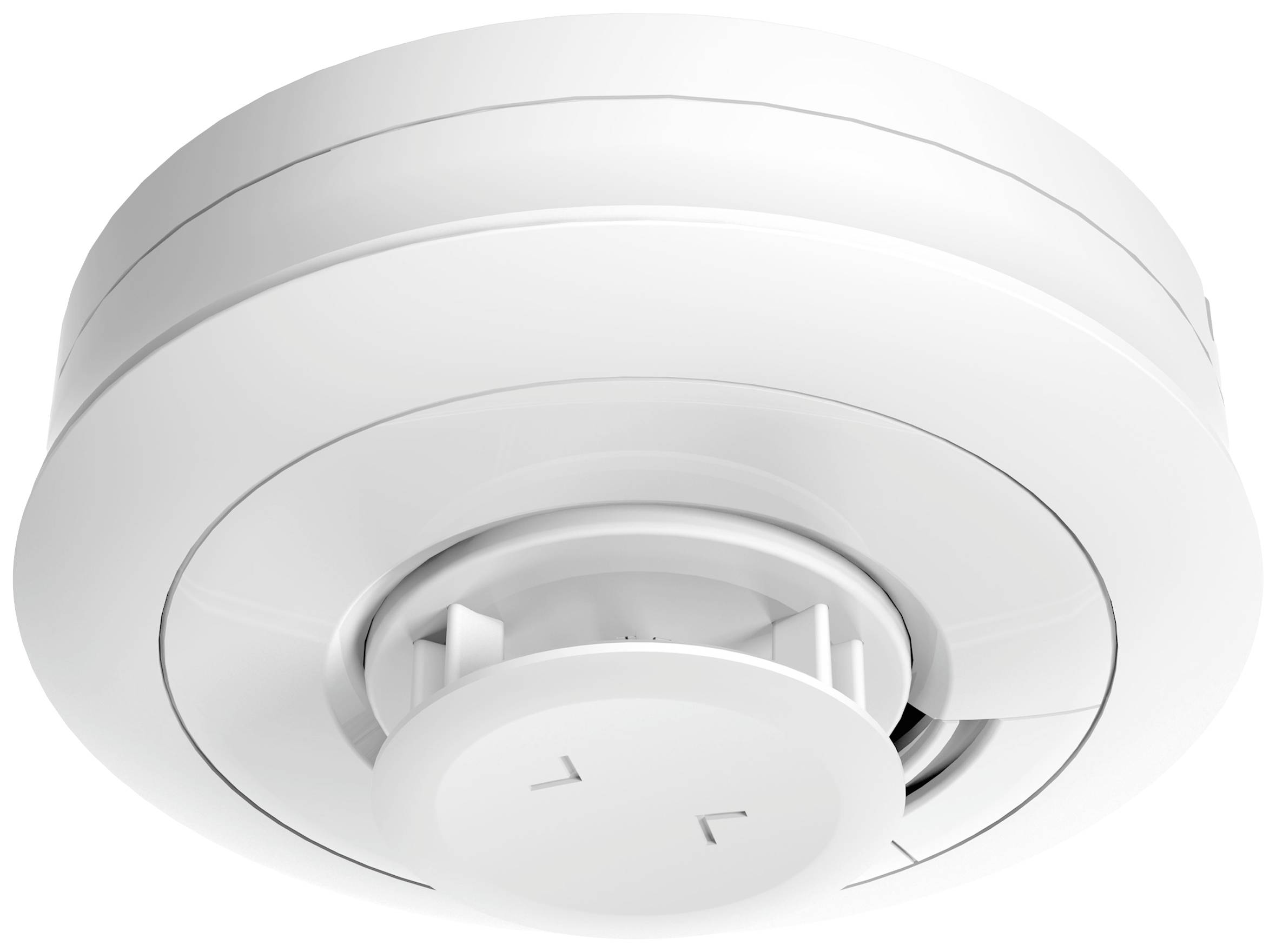 Ceiling-mounted smoke detector, white, round, with central sensor unit. Developed for early smoke detection and to enhance safety.