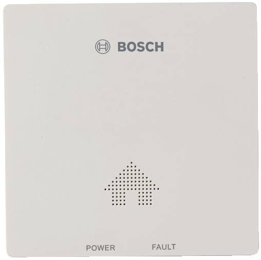A Bosch alarm device with a dotted pattern in an arrow shape. At the bottom are the indicators 'POWER' and 'FAULT'.