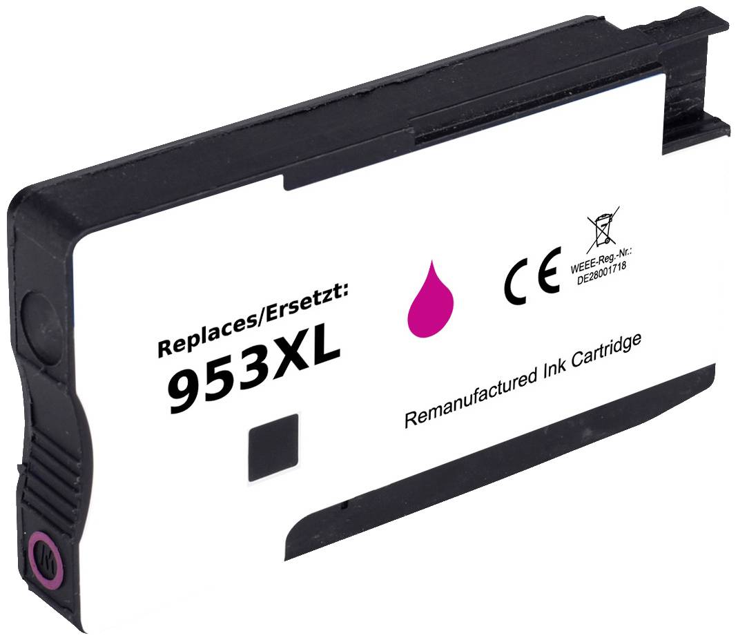 Printer cartridge with 'Replaces/Replaces: 953XL' text, pink ink droplet graphic, and indications of recycled materials.