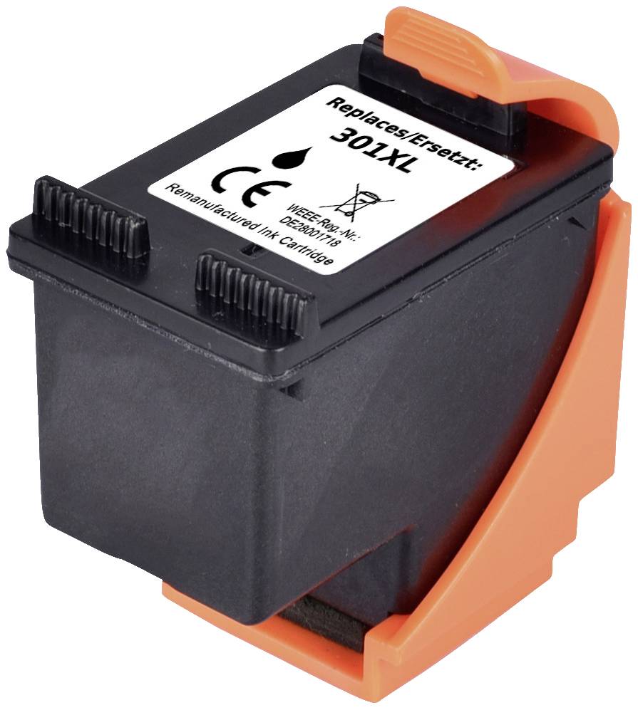 Printer cartridge, black, Model '301XL', with orange protective cover, showing replacement option and compatibility certification.