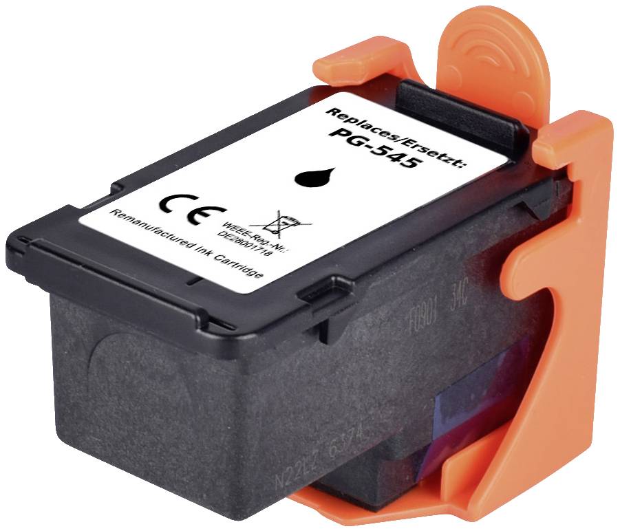Black ink cartridge with an orange holder, label reading 'Replaces: PG-545', CE marking and additional product information.