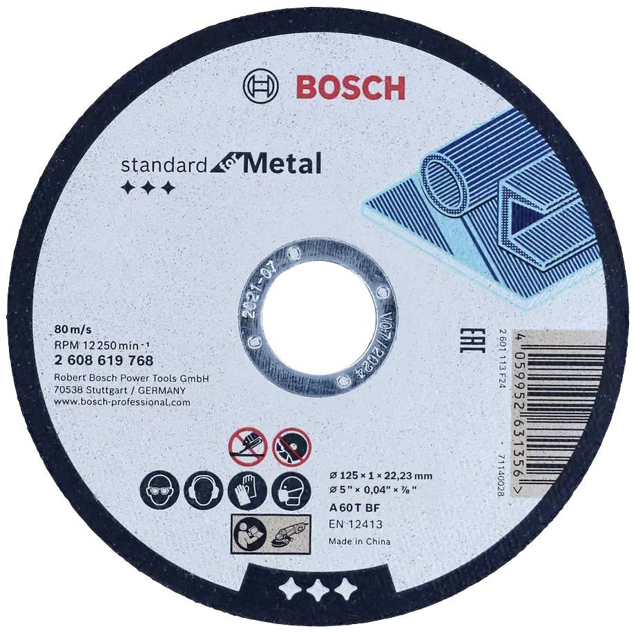 A Bosch metal cutting disc with size specifications, safety information, and details about maximum rotational speed.