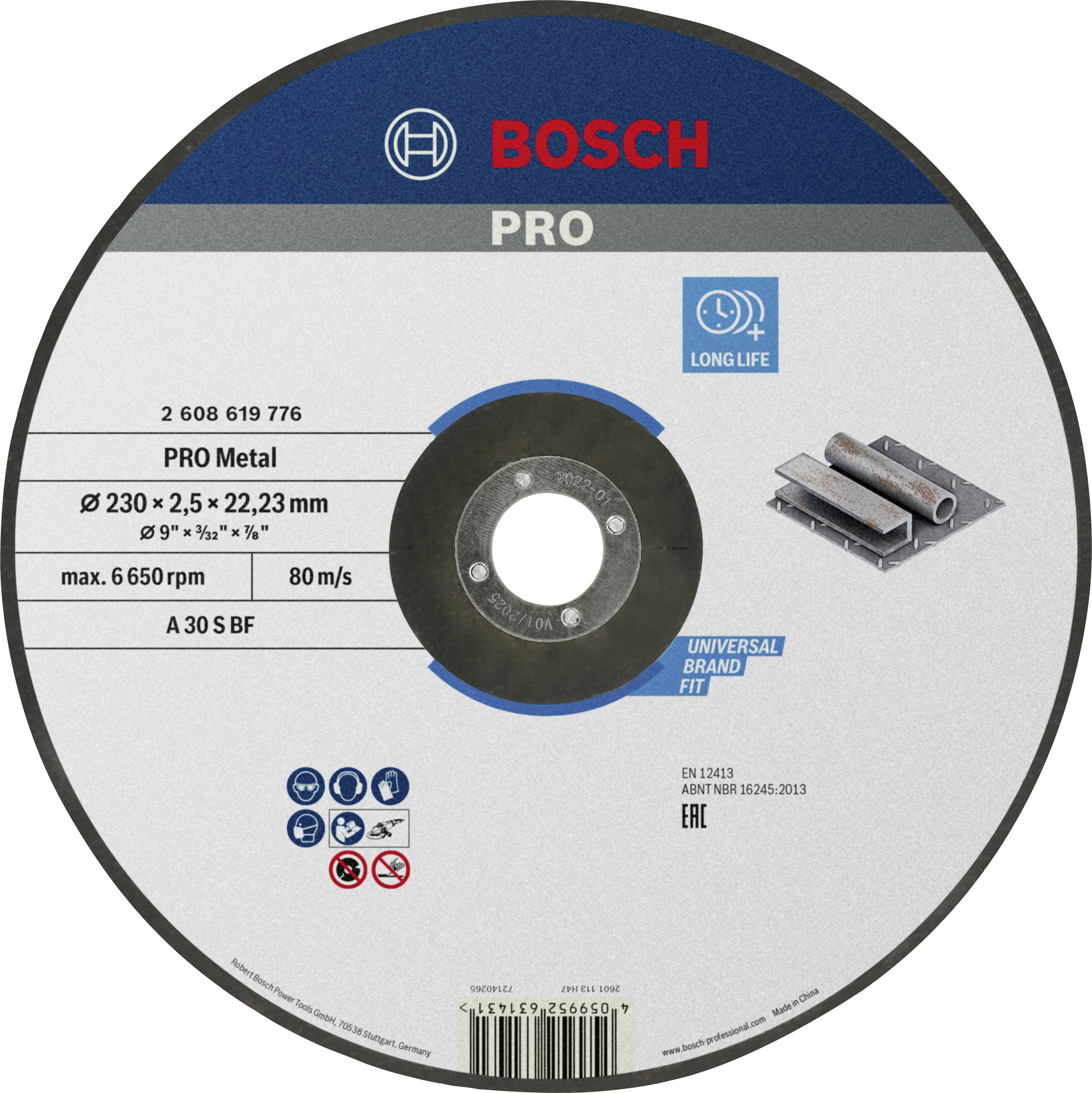 Bosch grinding disc for metal. Diameter 230mm, thickness 2.5mm. Suitable for max. 6,650 RPM. Durable and universally applicable.