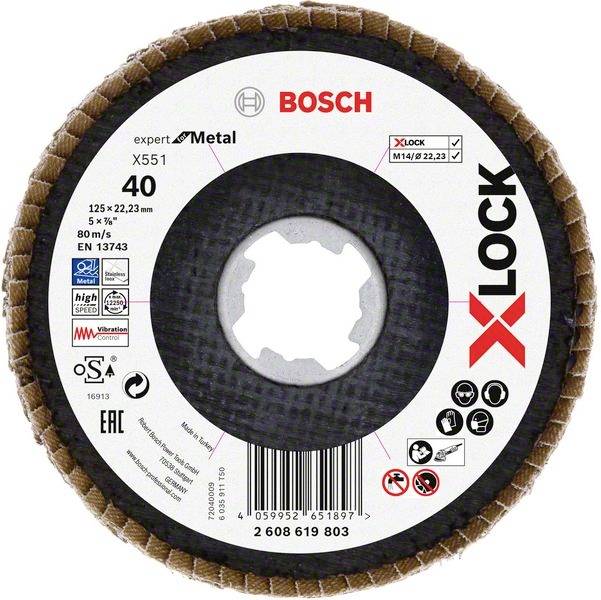 'X-LOCK' grinding disc for metal by Bosch; Type X551, Grit 40, Size 125 x 22.23 mm; Speed limit: 80 m/s.