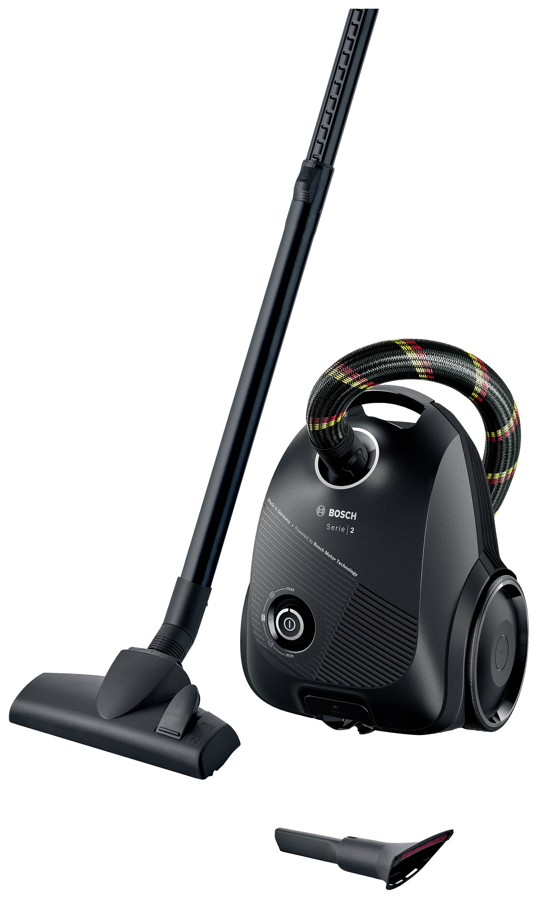 'Bosch Vacuum Cleaner Series 2', black vacuum cleaner with long nozzle and additional attachment, suitable for carpets and hard floors.
