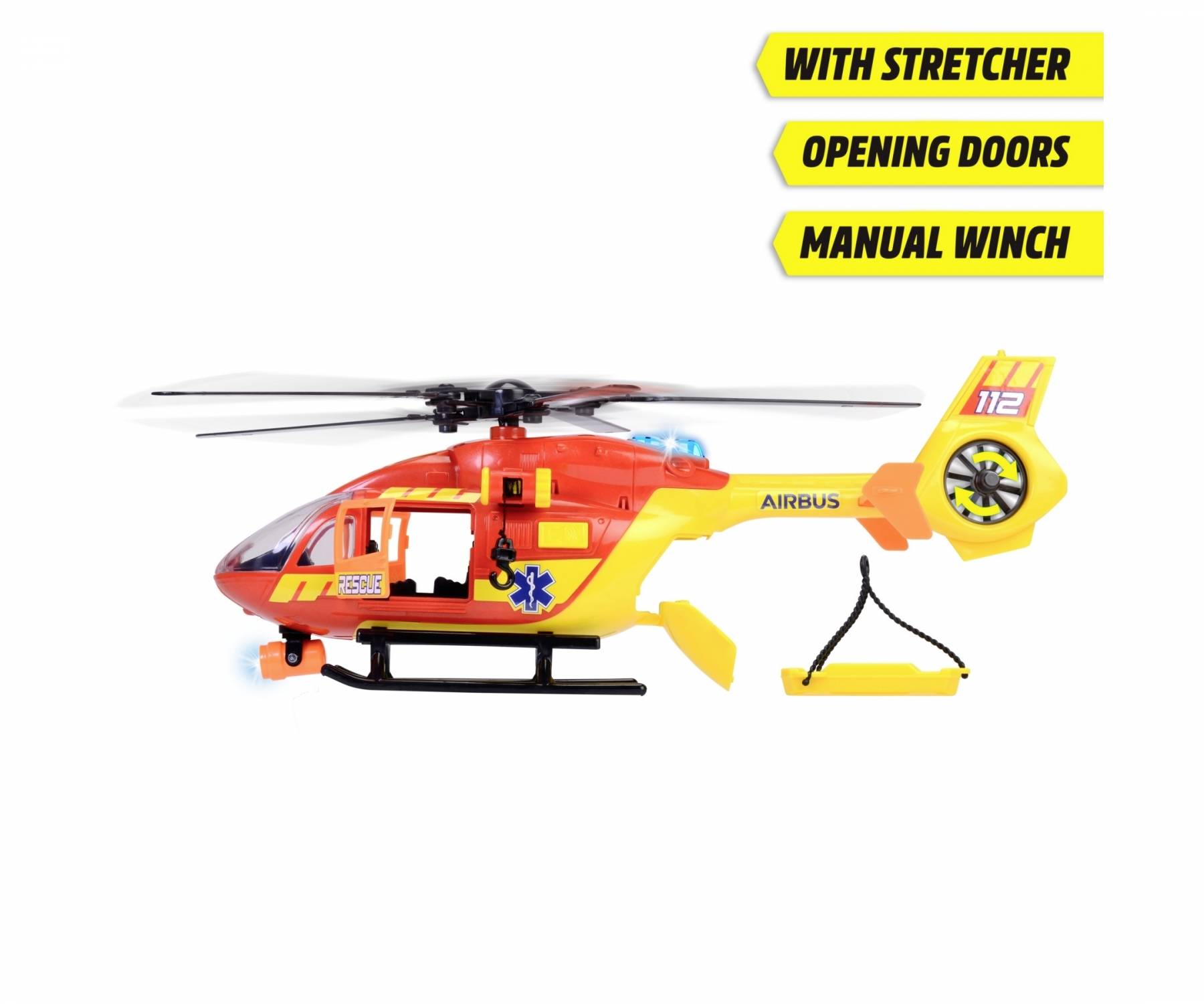 A toy helicopter with yellow and red design. Operates with a carrier, opening doors and a manual winch.