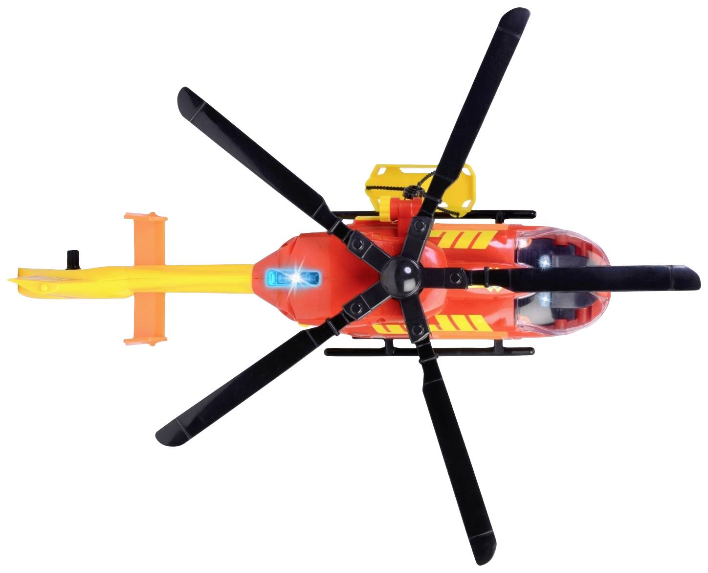 A red toy helicopter with black rotor blades and yellow accents, viewed from above.