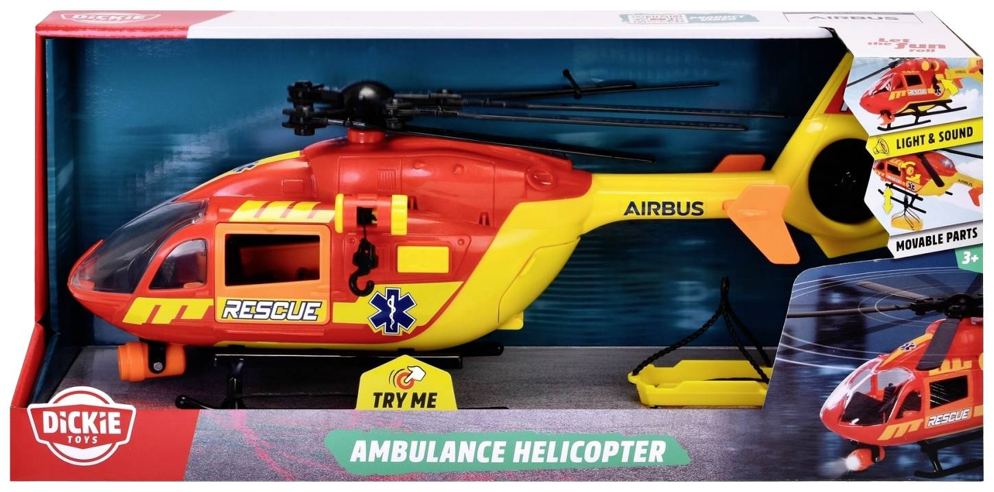 Toy Rescue Helicopter in a red box with yellow details. Features light and sound functions. Suitable for ages 3 and up.