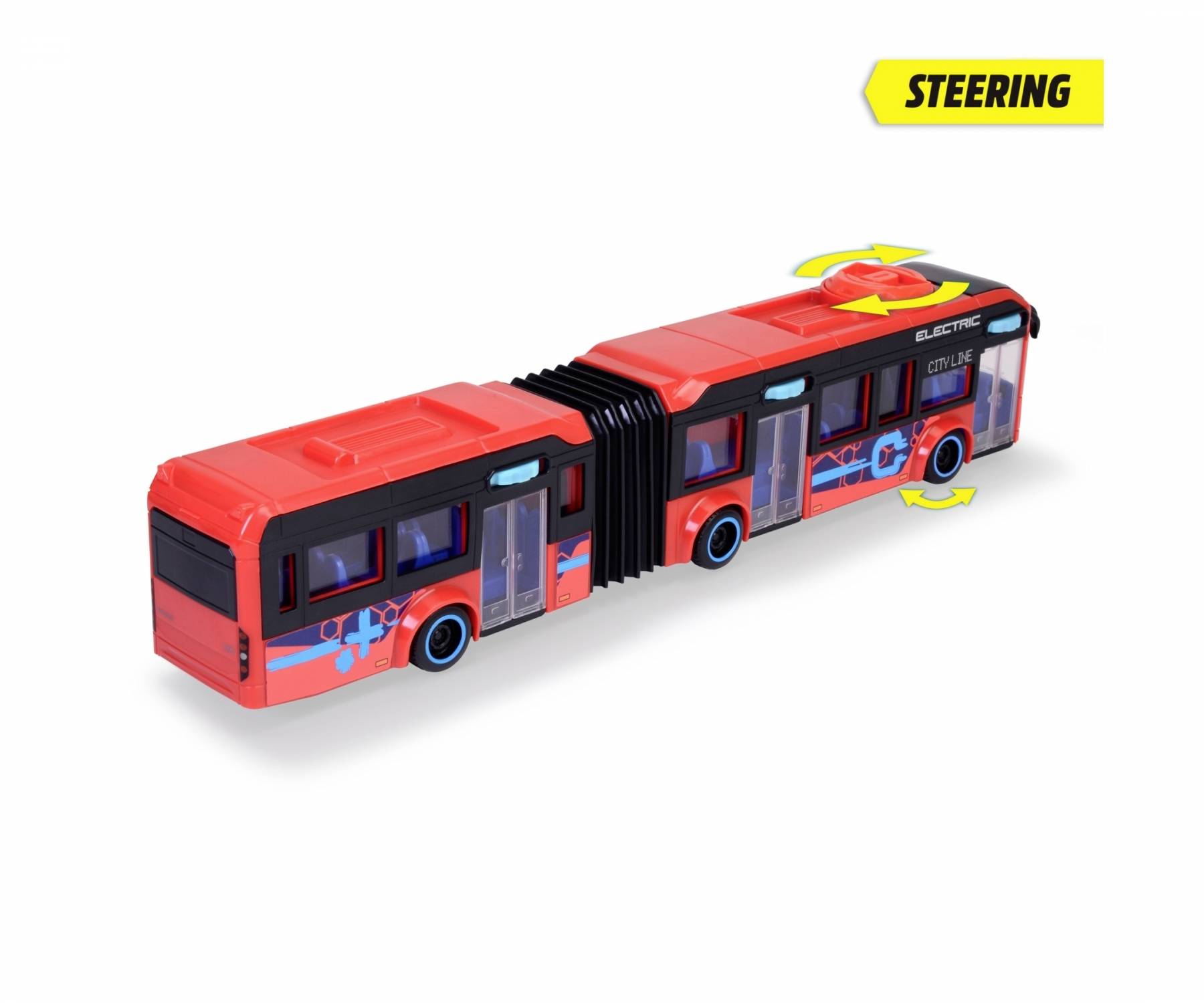 Red model of an electric articulated bus with steering indicators. Label top right: 'STEERING'.
