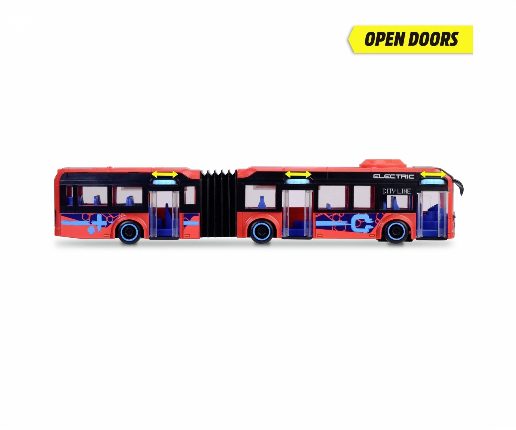 A red and blue toy electric bus model with an open door. Text 'Open Doors' in the top right corner.
