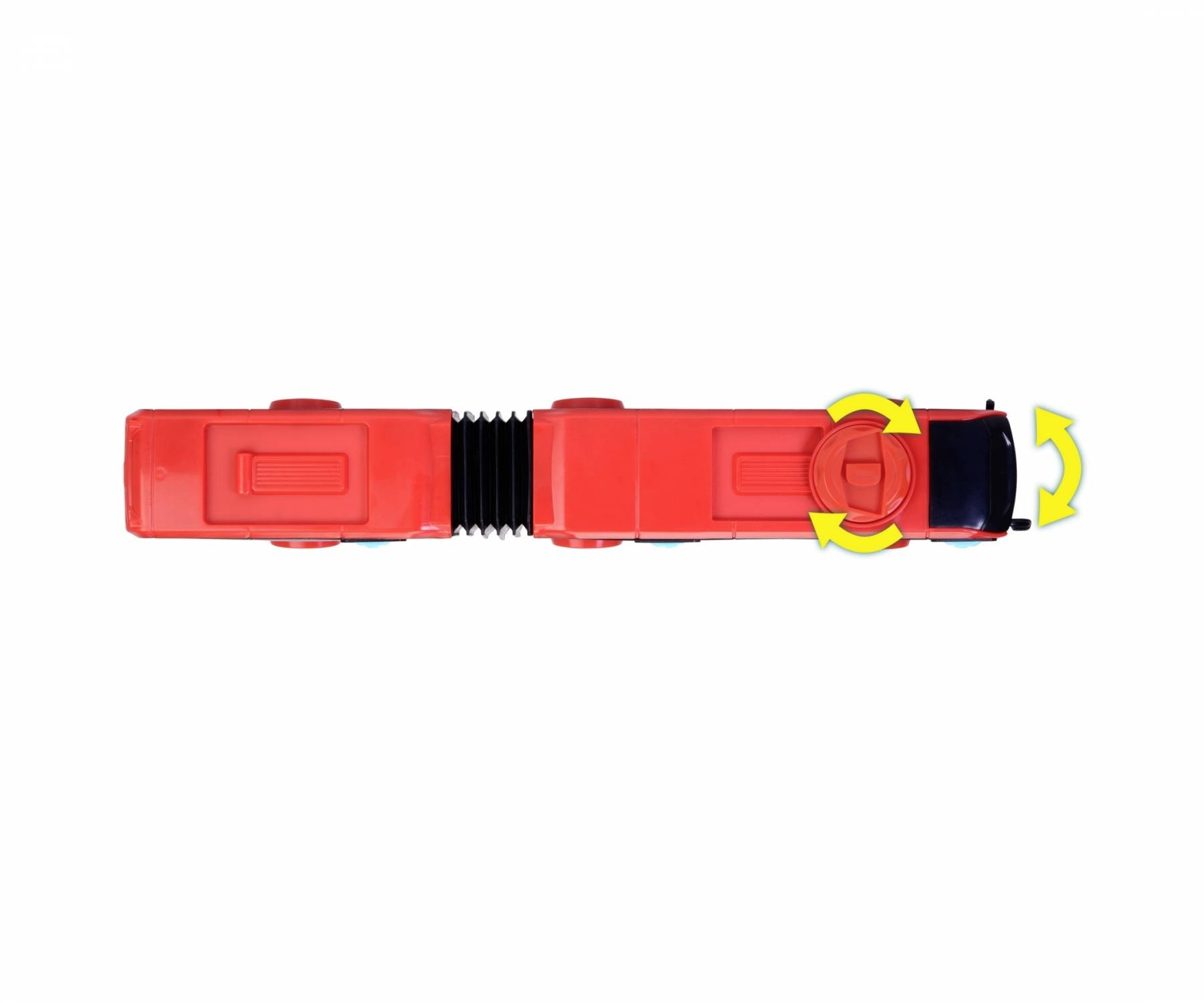 Red toy bus with a flexible joint in the middle and arrows indicating rotational movements.