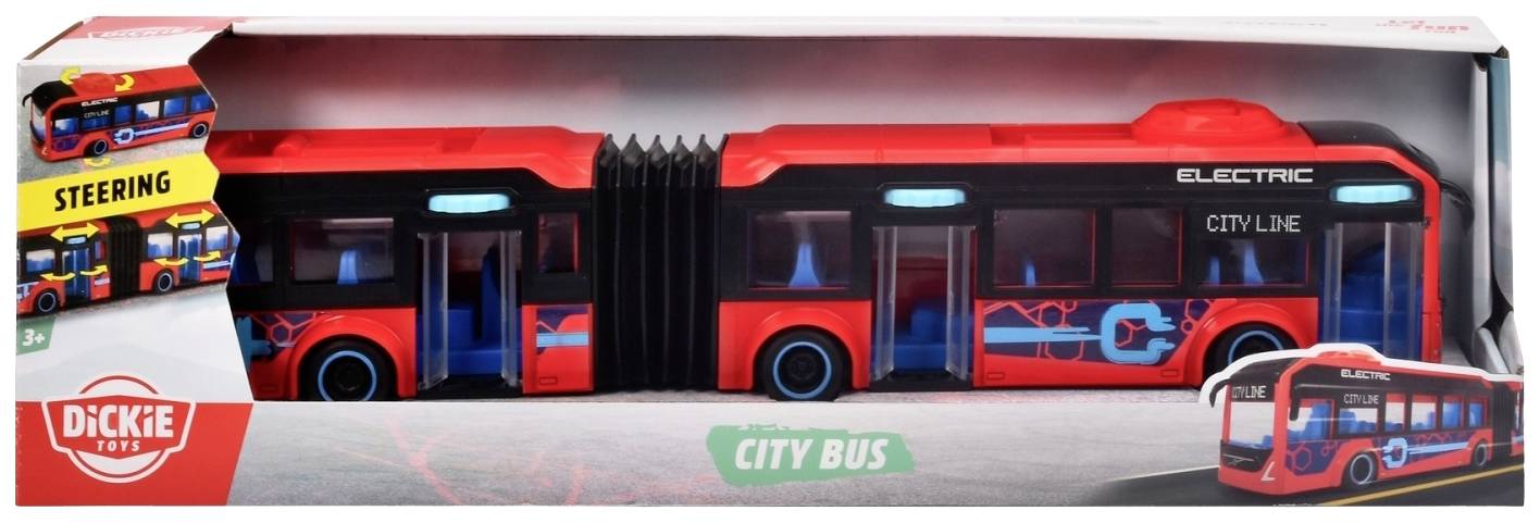 A red toy city bus model in packaging, labelled with 'City Line' and 'Electric'. Suitable for children aged 3 years and over.