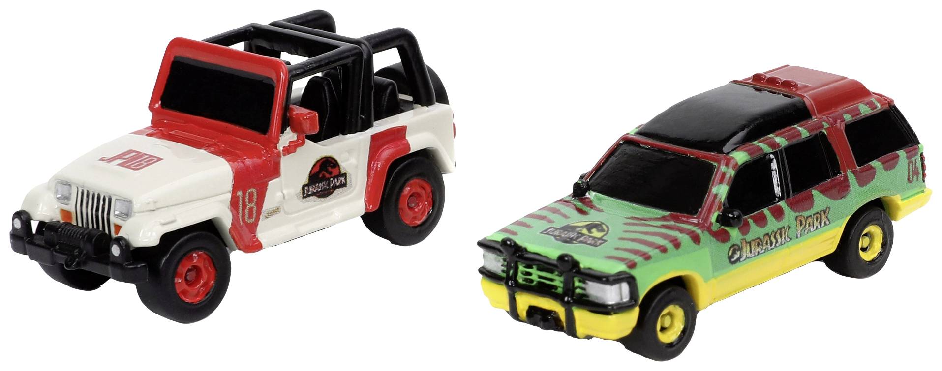 Two toy cars in a Jurassic Park design: On the left, a white Jeep with a logo, on the right, a green vehicle with red and yellow stripes and a logo.