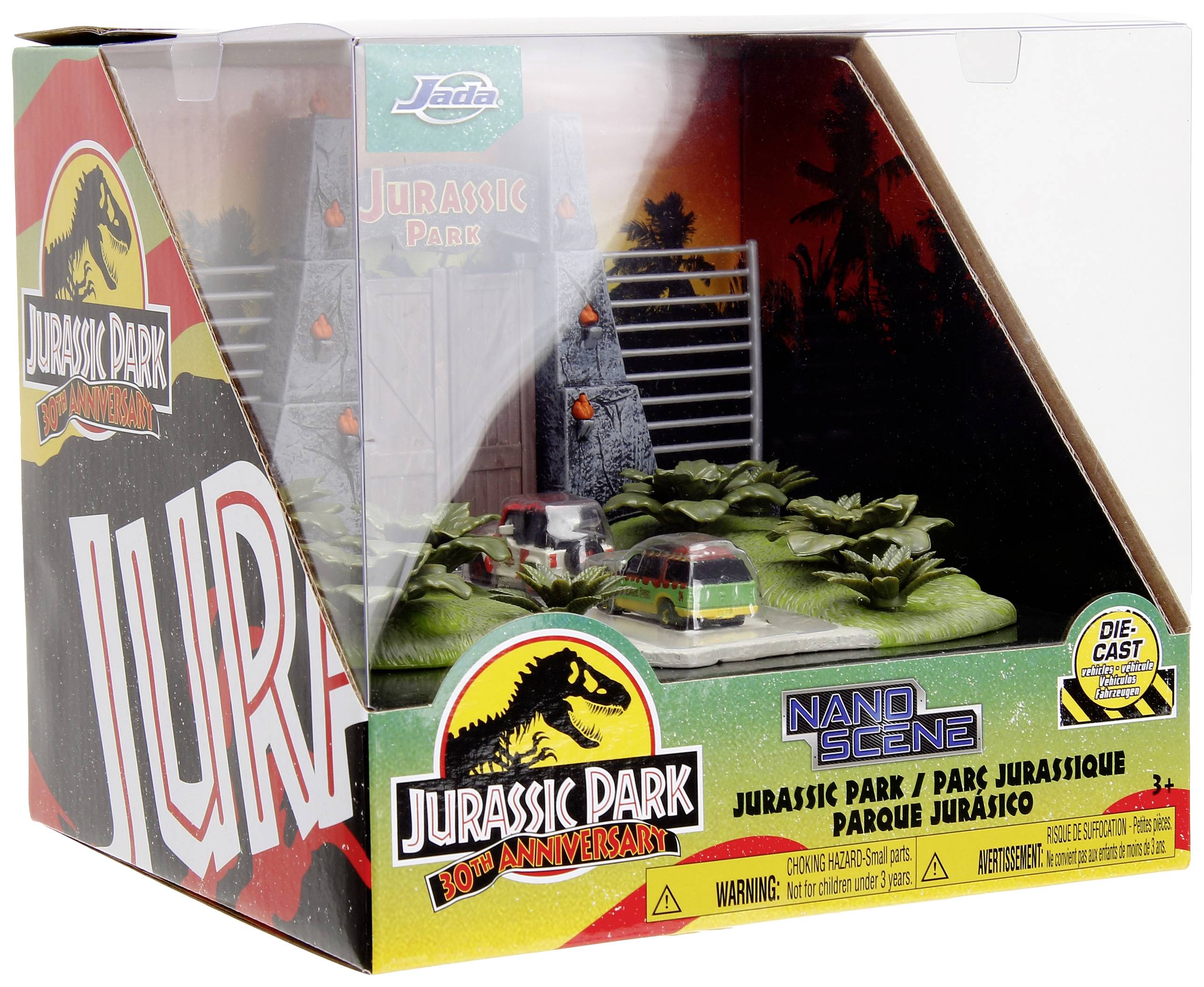 Packaging of a 'Jurassic Park' Nano-Scenes featuring a model car in front of the iconic gate, surrounded by plants. 30th Anniversary Edition.