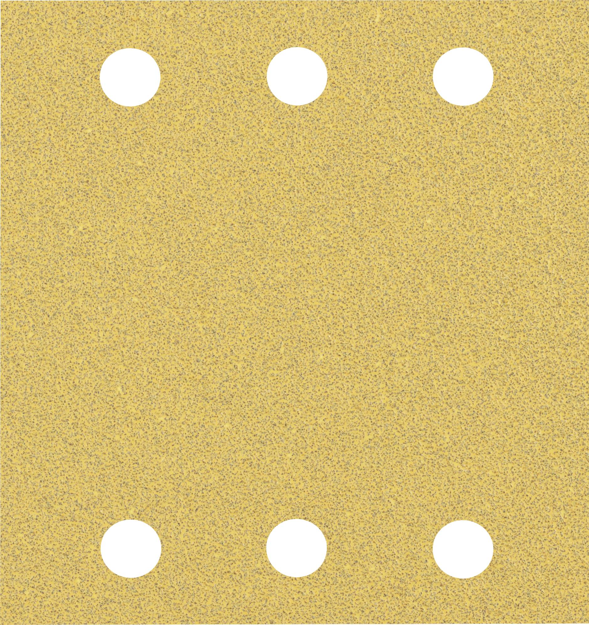 A rectangular piece of sandpaper with six round holes in two rows of three holes each.