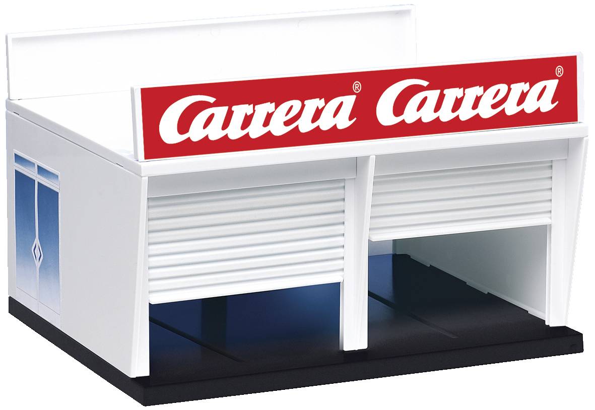 A model of a white garage with a red 'Carrera' logo on the roof. Two roller shutters are partially closed.