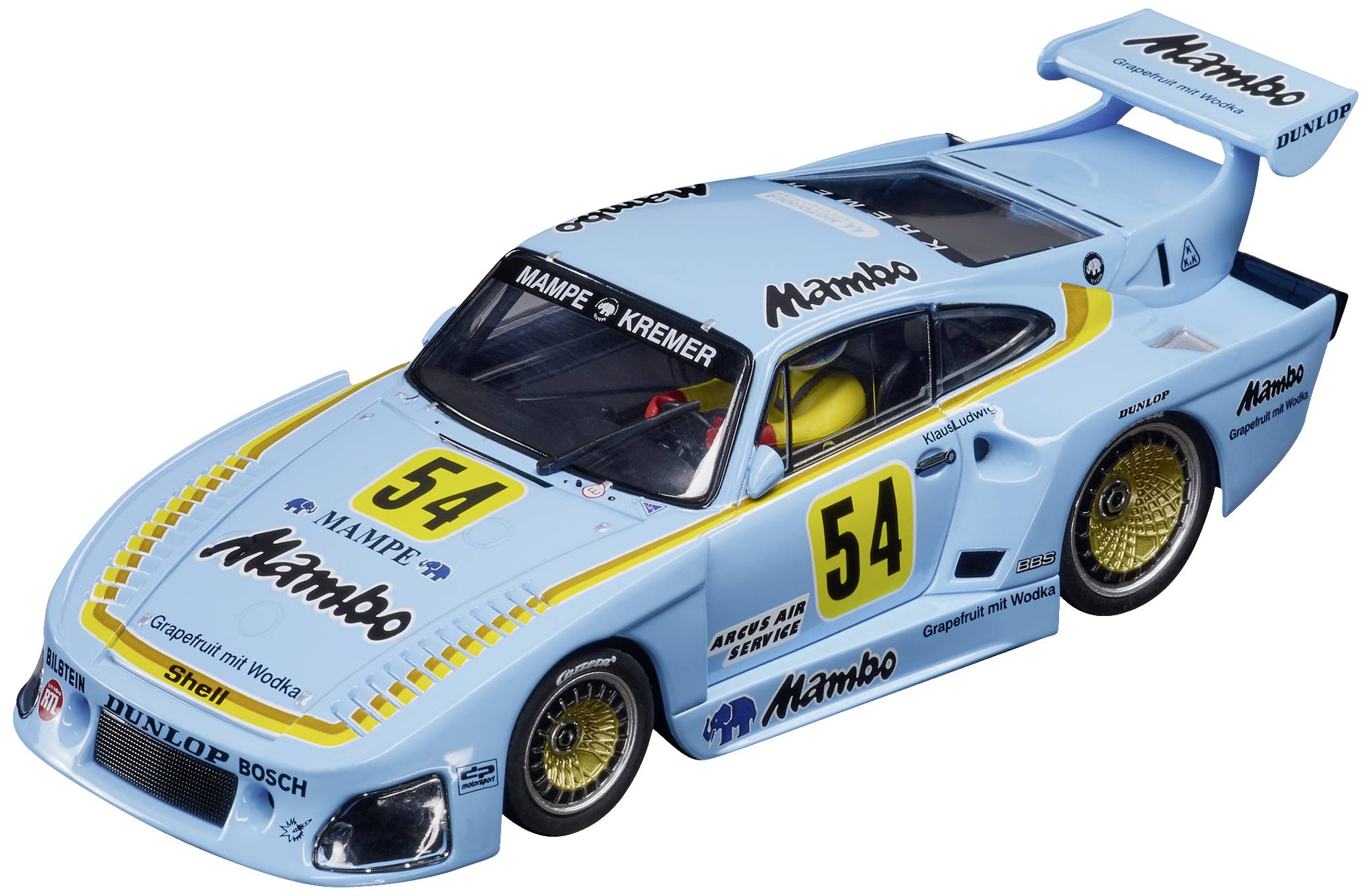 Model car of a blue racing car with yellow rims and the number 54. The car has 'Mampe' and 'Mambo' as sponsor logos.