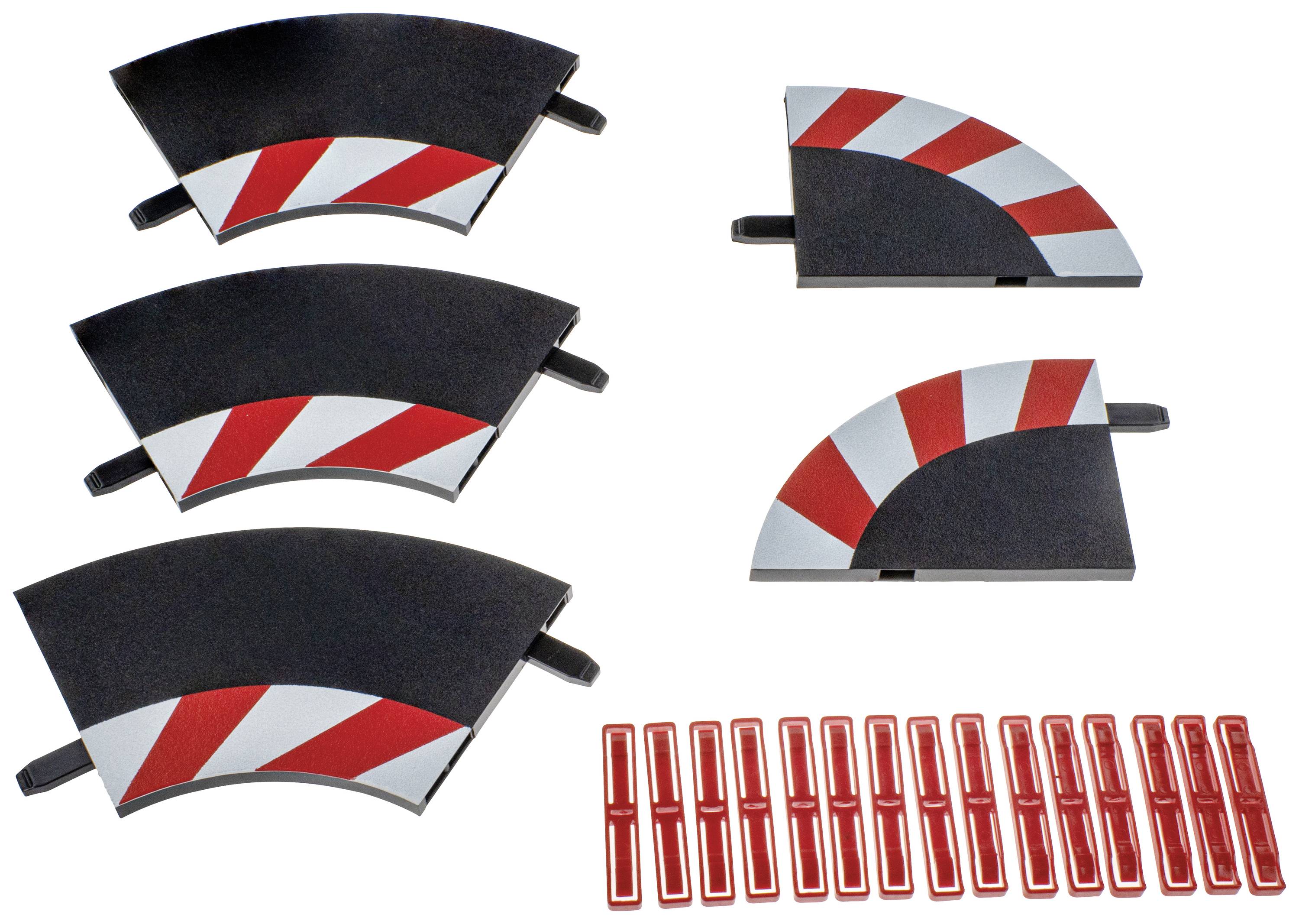 Model railway track sections, consisting of four curved sections with red and white warning markings and 16 red connecting pieces.