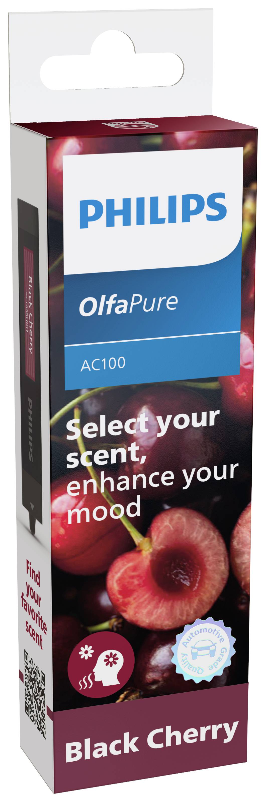 Air freshener packaging for Philips OlfaPure AC100 with cherry motifs. Inscription: 'Select your scent, enhance your mood'. Fragrance: Black Cherry.