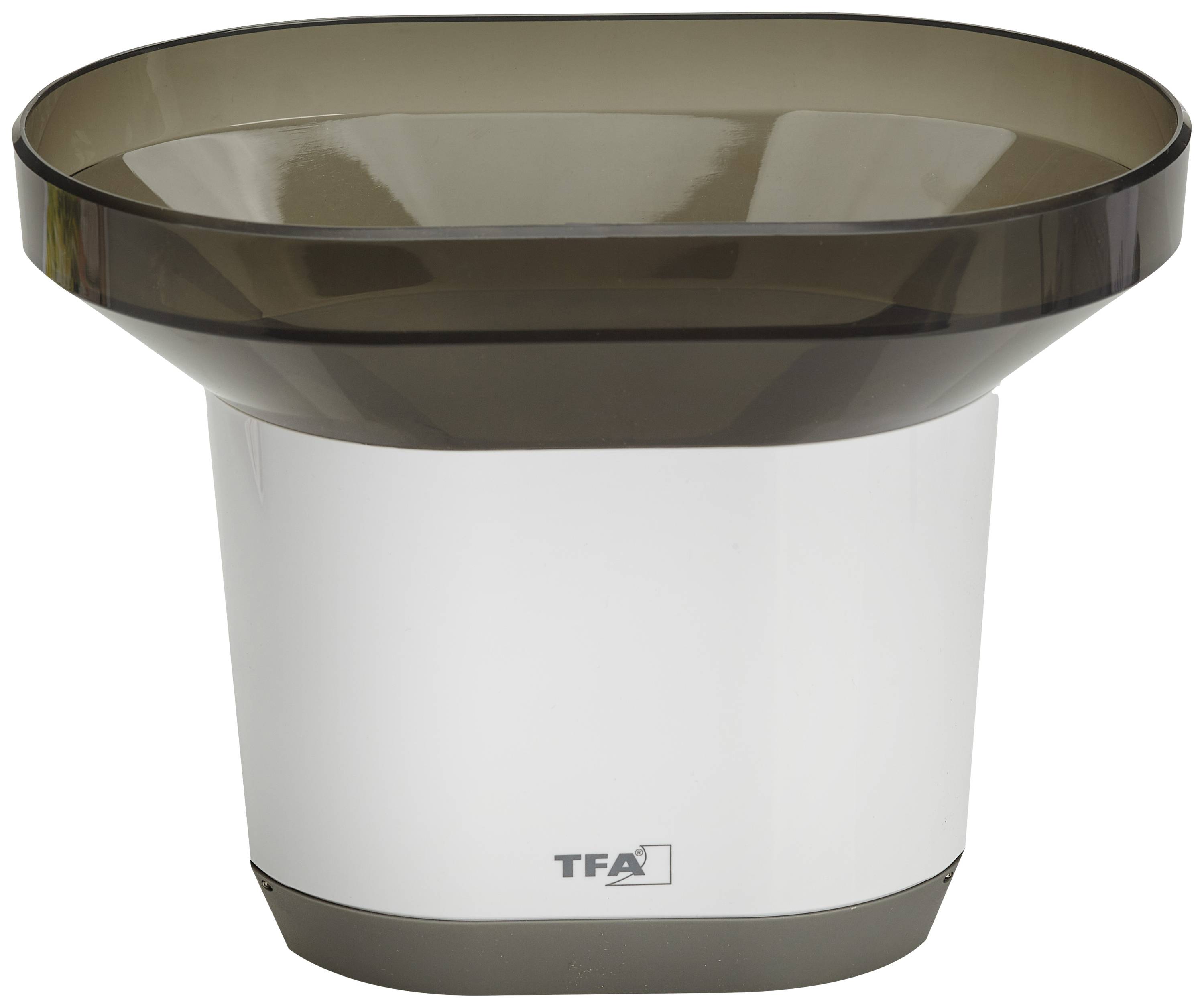 A plastic rain gauge marked 'TFA', suitable for measuring rainfall quantities in gardens or agriculture.