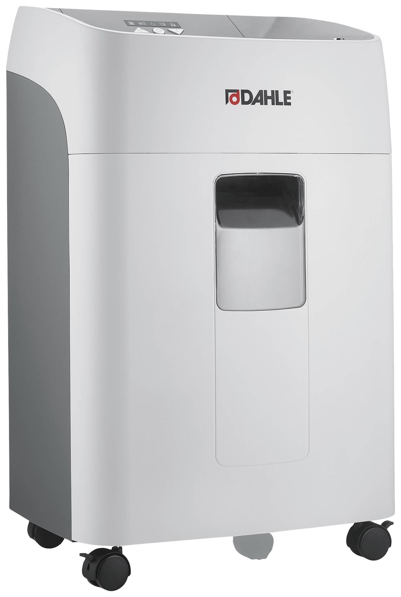 Paper shredder on castors by Dahle, with a paper collection tray at the front and control panel on top. Suitable for offices requiring secure document disposal.