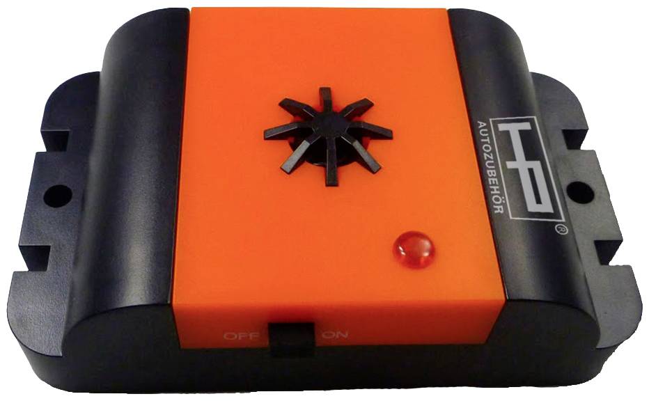 A rectangular black and orange device with a central black rotary knob and a red LED indicator.
