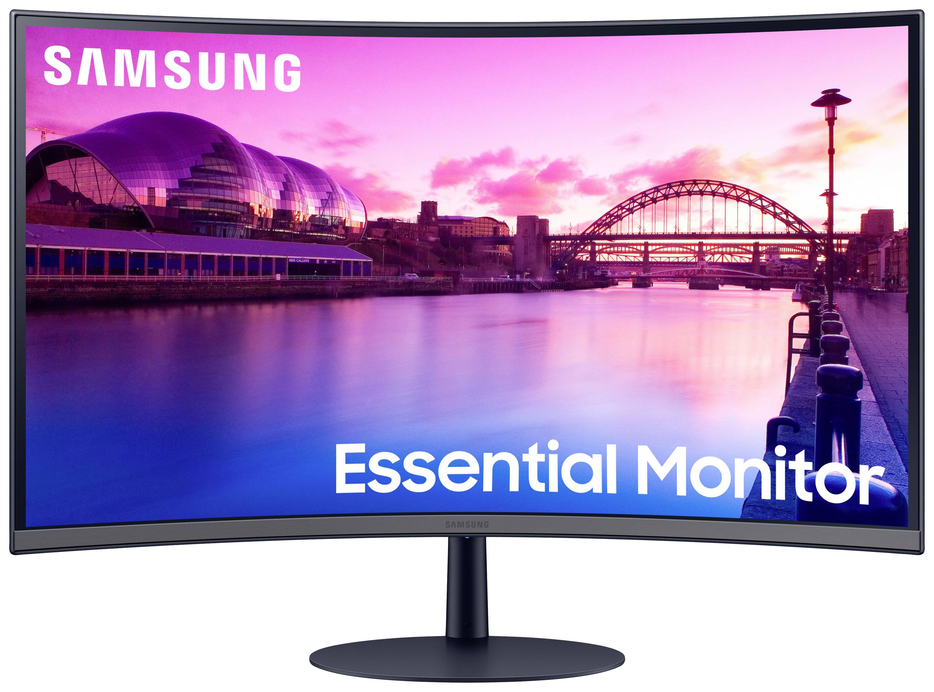 A curved monitor with a sunset background displays a landscape featuring a river and bridges. The 'Samsung' brand name is positioned in the top left corner.
