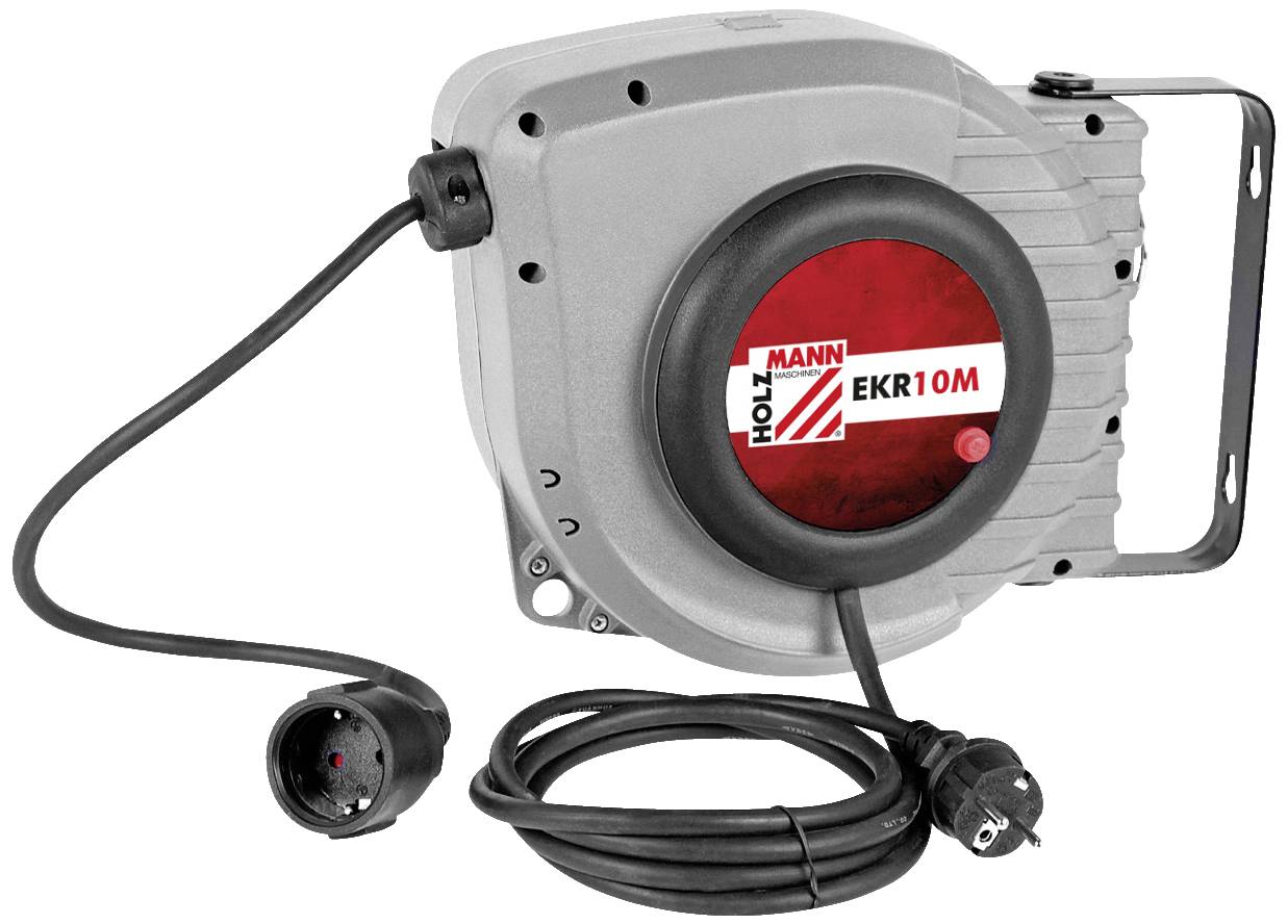 Grey automatic cable reel with black cable and red 'Holzmann EKR10M' label. Mountable on short wall bracket.