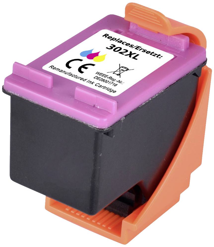 An ink cartridge with the label 'Replaces/Ersatz 302XL' in an orange holder. It is suitable for printers.