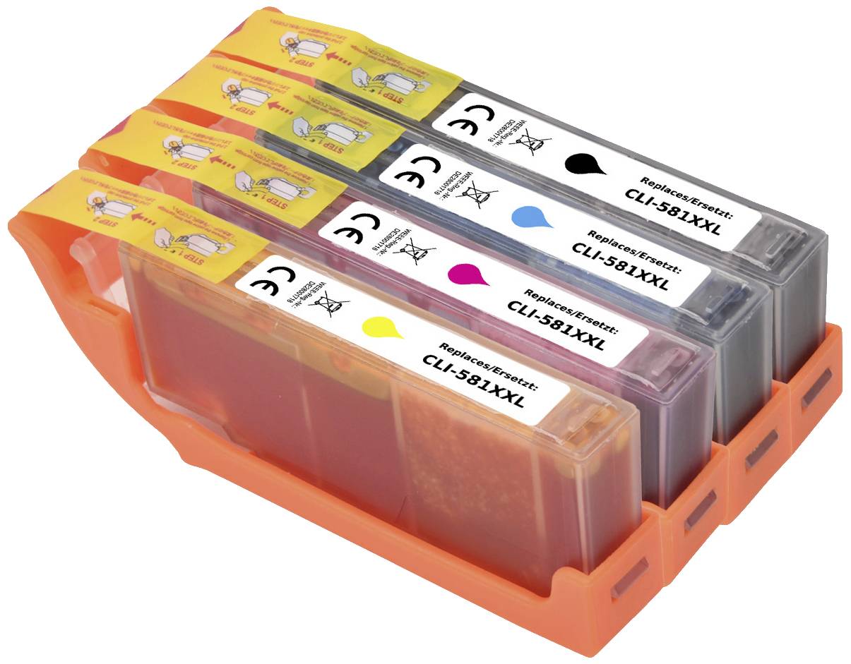 Four ink cartridges in Black, Cyan, Magenta and Yellow, marked as CLI-581XXL, are situated in an orange holder.