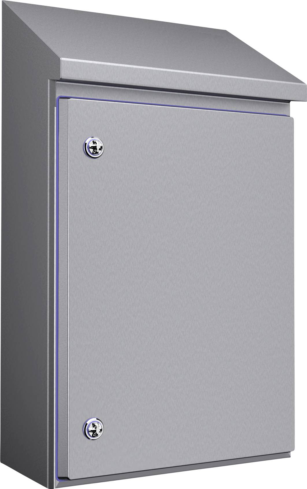 Grey metal letterbox with a slanted lid and two silver locks.