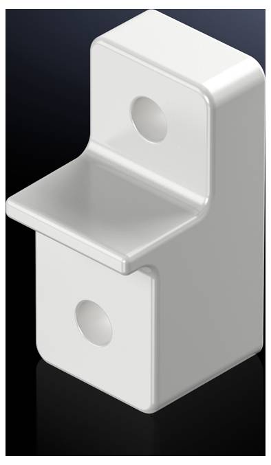 A white, L-shaped plastic block with two round holes, one on the front side and one on the top side, against a black background.