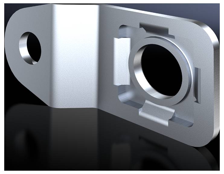 Metal component in L-shape with circular aperture and mounting hole, against a black background.