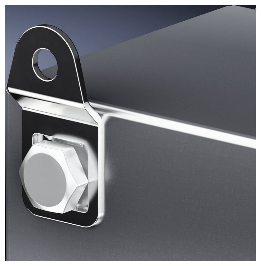 Close-up of a silver metal nut and a screw passing through the eyelet of a metal tab, secured to a grey plate.