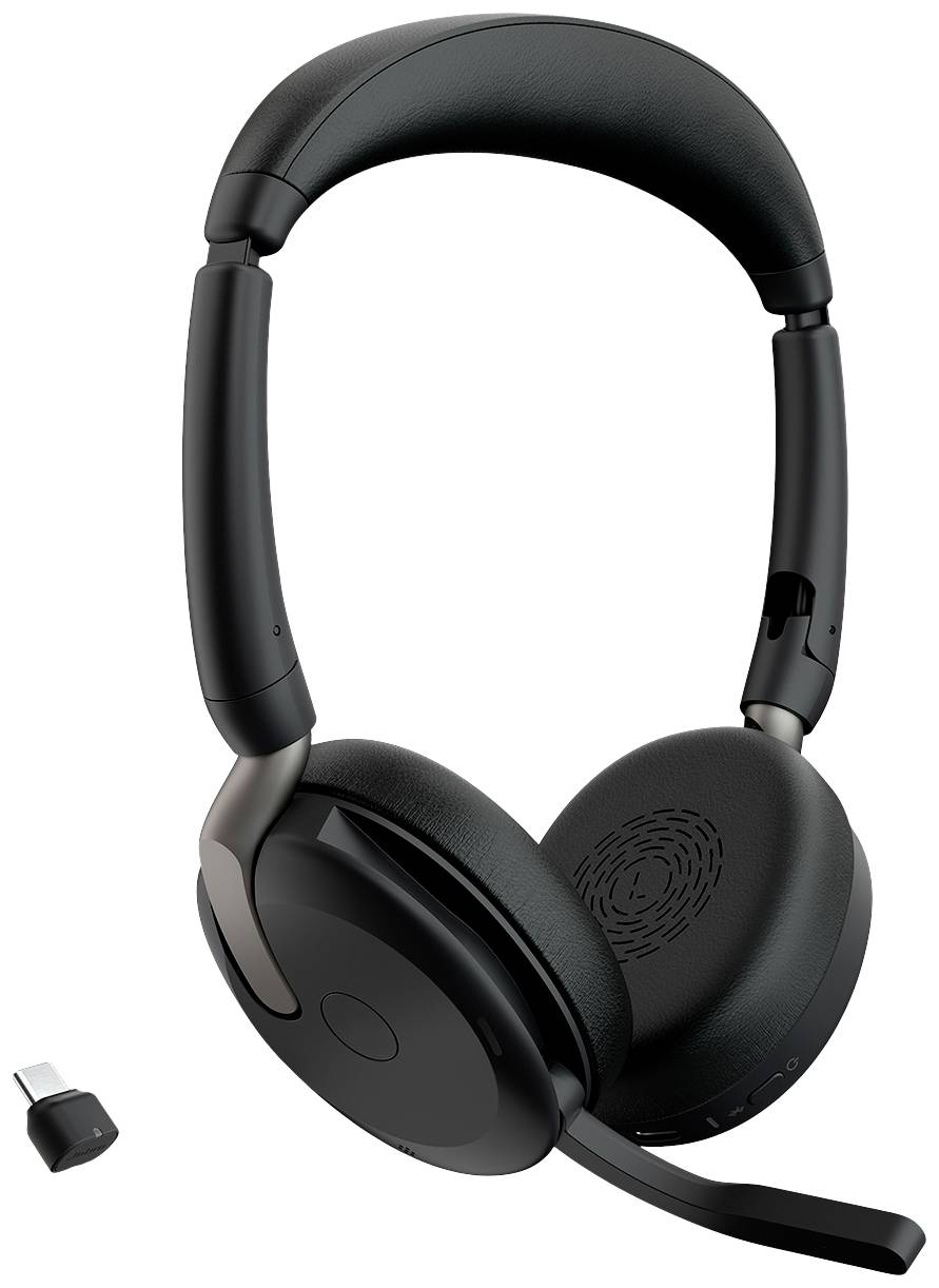 Black over-ear headphones and USB receiver on a white background. Ideal for wireless audio reception and hands-free calls.