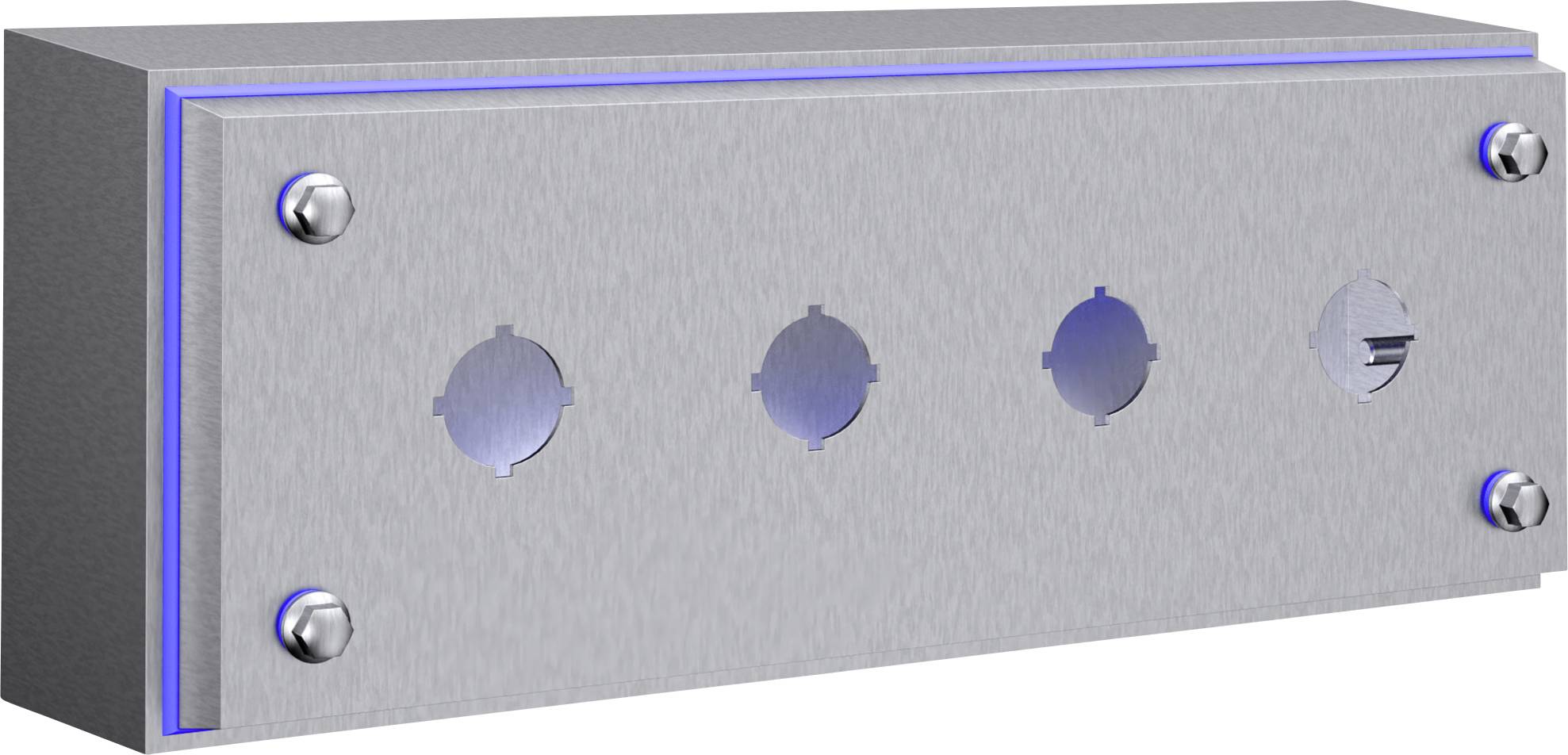 Metal plate with blue border and four round openings used for securing electrical connectors.