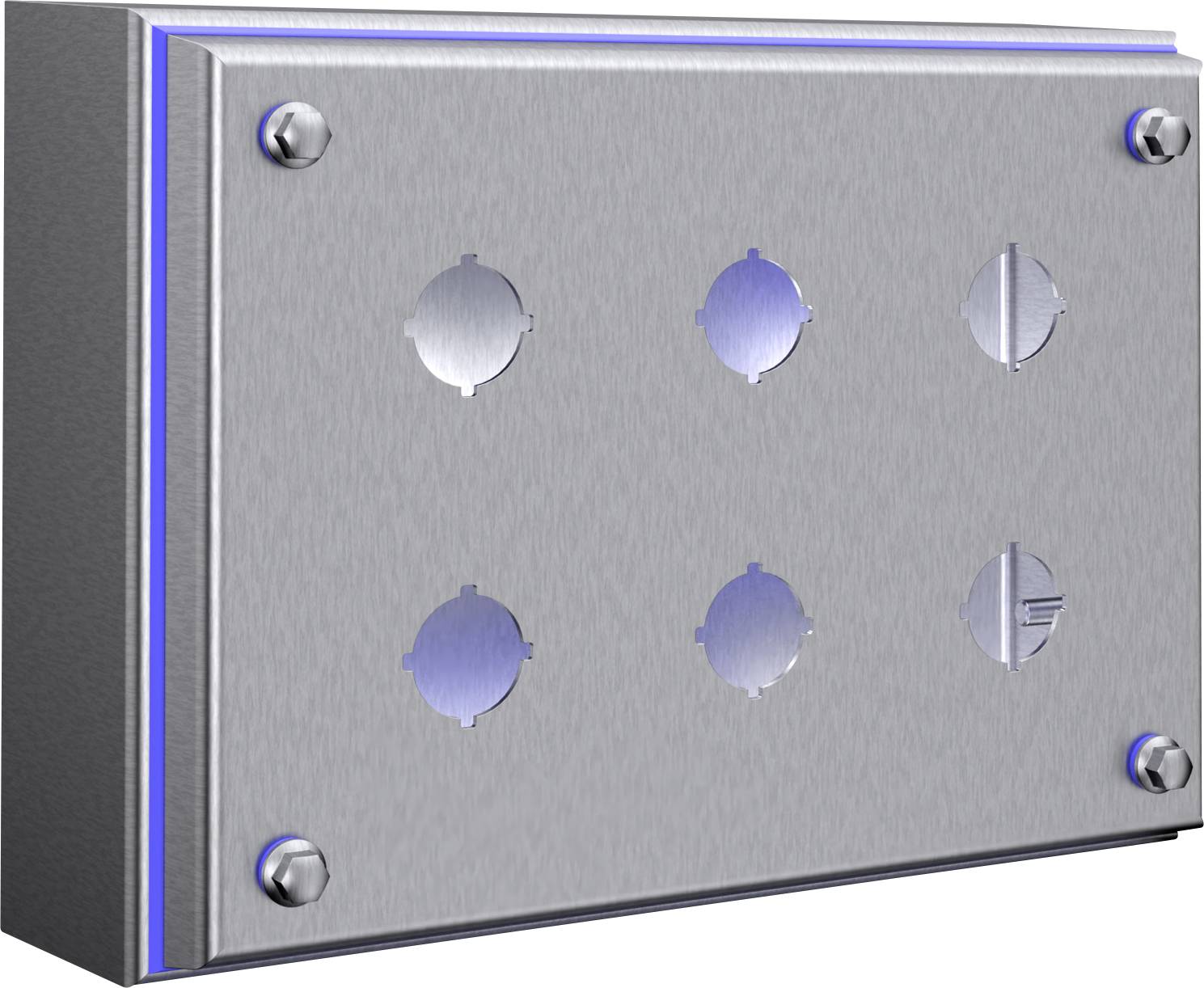 A silver metal shield with six round, blue-highlighted recesses and four visible screws at the corners.