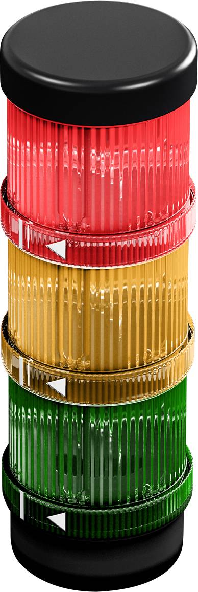 Traffic light column with three colours: Red is at the top, followed by yellow and green at the bottom, indicates status or warning.