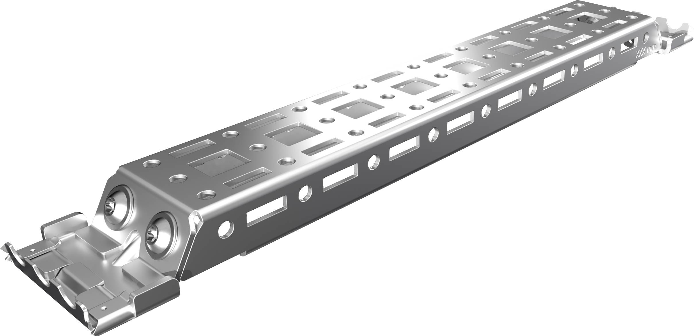 Metal rail with symmetrical holes, likely part of a shelving or mounting system, silver-coloured metal, rectangular shape.