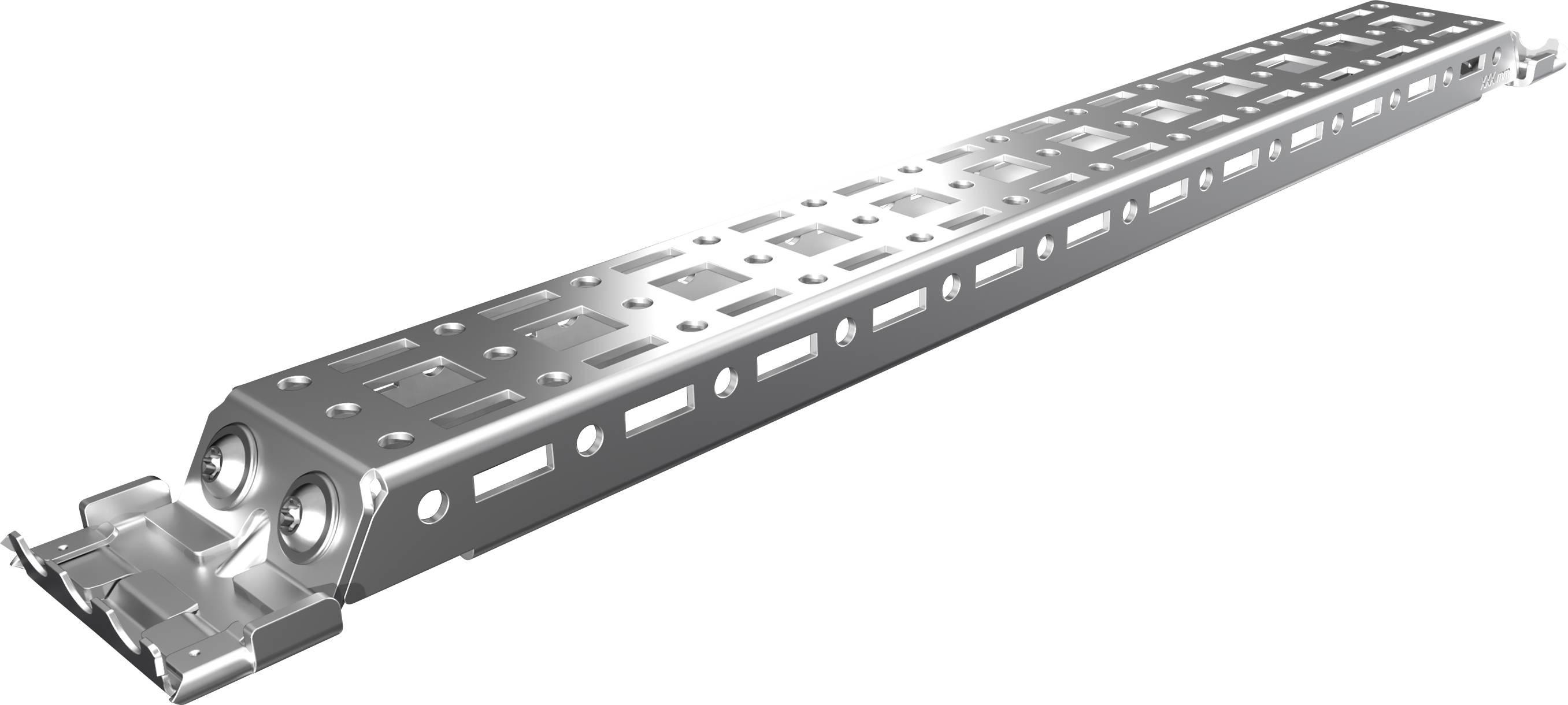 Silver C-section with rectangular cutouts and rounded edges. Used in construction to mount components.