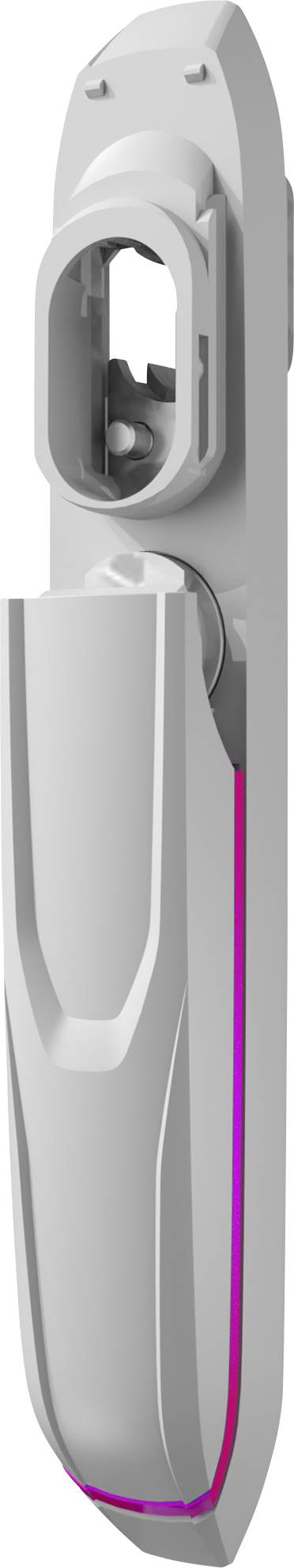 White, elongated mounting bracket with a curved design and an integrated, pink illuminated stripe.